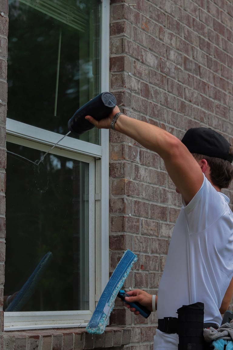 Person in white shirt cleaning a brick building window with cleaning tools and blue painter's tape