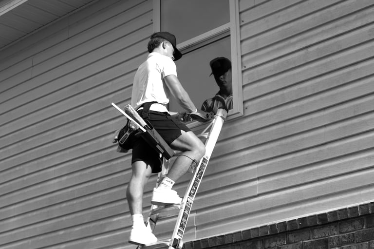 Black-and-white photo of a worker climbing a ladder against a corrugated metal building while another person stands nearby