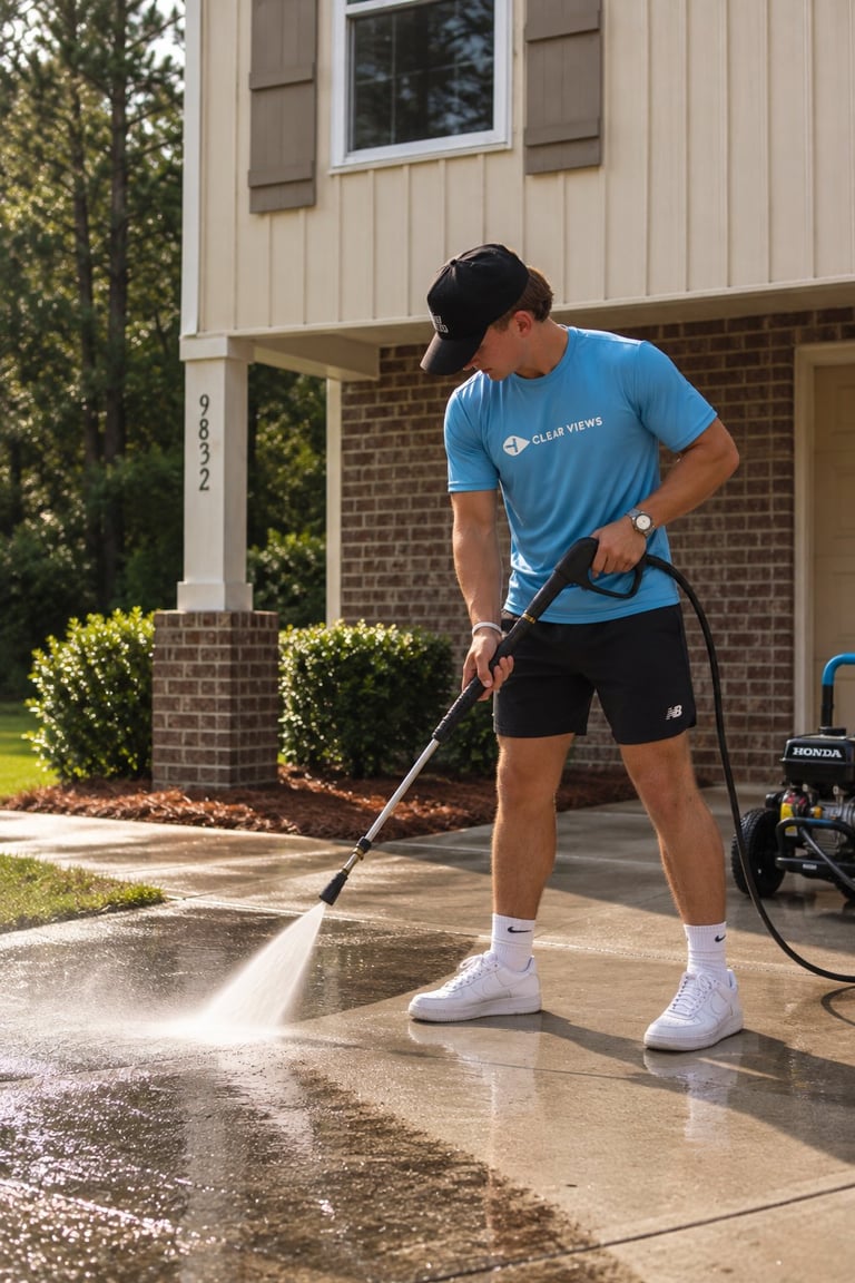 Worker in a blue Clear Views t-shirt and black cap pressure washing a residential concrete driveway on a sunny day, with the company pressure washer unit nearby