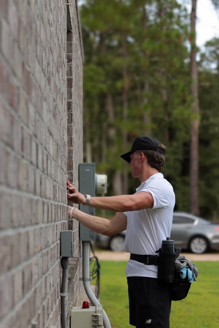 Technician in black cap and white shirt installing or inspecting exterior equipment on brick building wall outdoors