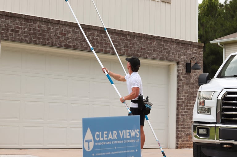 Worker on ladder cleaning gutters with long pole tool, Clear Views branding visible on equipment near garage